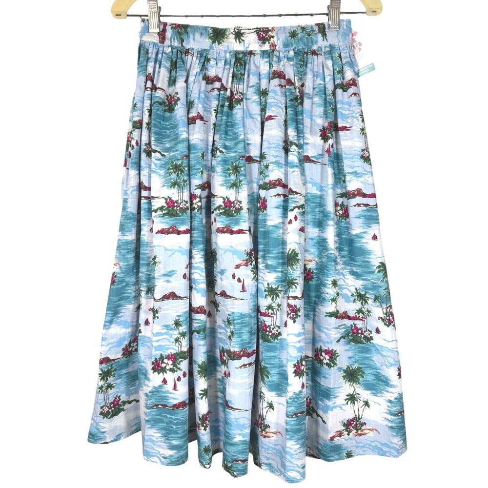 NEW Hell Bunny Nissi 50s Skirt Womens XS Midi Tropical Tiki Retro Pleated Pin Up